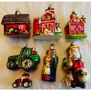 Lot of 7 Vintage Barn Tractor Farmers Farm Blown Glass Ornaments
